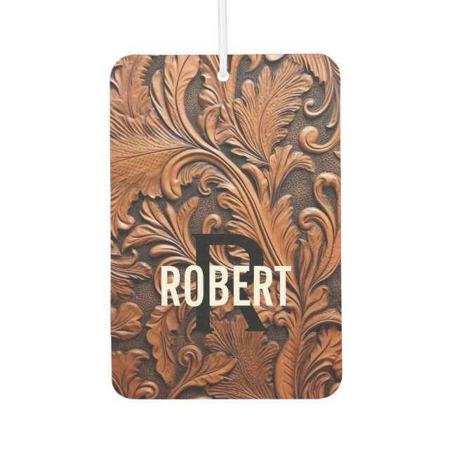 Vintage brown tooled leather monogram name  air freshener (Front)