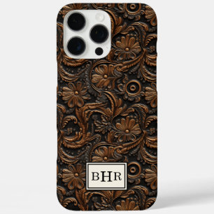 Vintage Brown Tooled Leather Monogrammed iPhone 16 Pro Max Case