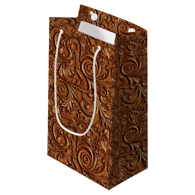 Vintage Brown tooled leather  Small Gift Bag (Front Angled)