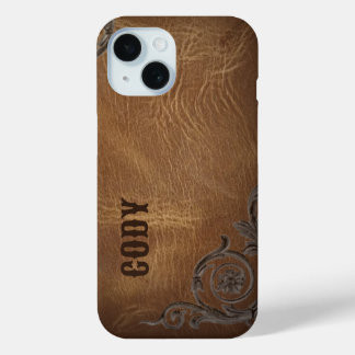 vintage brown Western Cowboy Leather Initials iPhone 15 Case