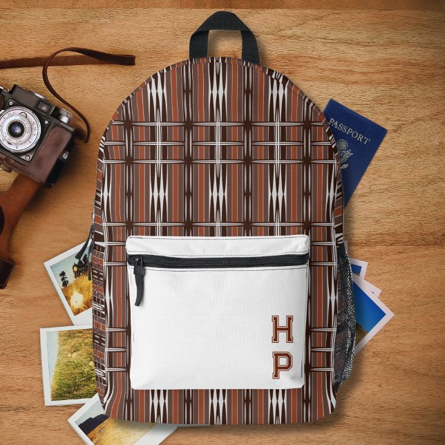 Vintage Brown White Stripes Geometric Monogram Printed Backpack (Creator Uploaded)