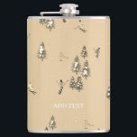 Vintage Brown Winter Skiers Skiing pattern  Hip Flask<br><div class="desc">Ski opening! Cool winter-themed skier pattern design with skiers skiing down alpine ski resort slopes among snow-covered fir trees in the alps. Freeride skiers are wearing colourful vintage retro ski suits, skiing downhill with skis on a pastel pink snowy mountain landscape background. Wonderful winter sports fun gift for a skier...</div>