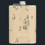 Vintage Brown Winter Skiers Skiing pattern  Hip Flask<br><div class="desc">Ski opening! Cool winter-themed skier pattern design with skiers skiing down alpine ski resort slopes among snow-covered fir trees in the alps. Freeride skiers are wearing colourful vintage retro ski suits, skiing downhill with skis on a pastel pink snowy mountain landscape background. Wonderful winter sports fun gift for a skier...</div>