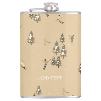 Vintage Brown Winter Skiers Skiing pattern  Hip Flask
