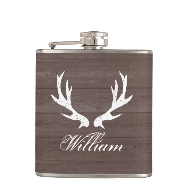 Vintage brown wood grain deer antlers hip flask (Front)