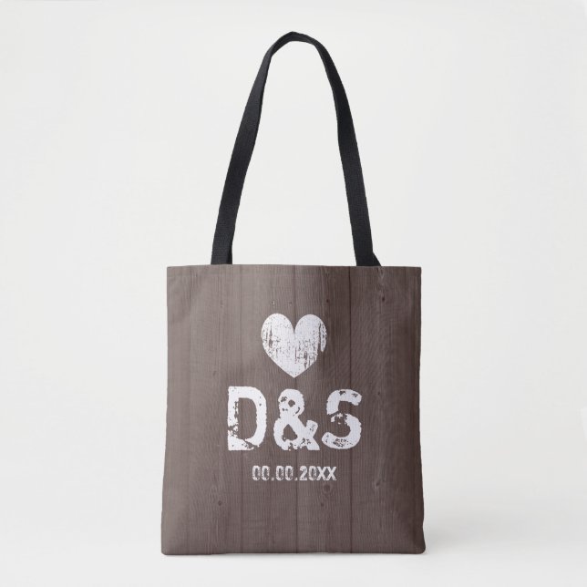 Vintage brown wood grain rustic wedding tote bags (Front)