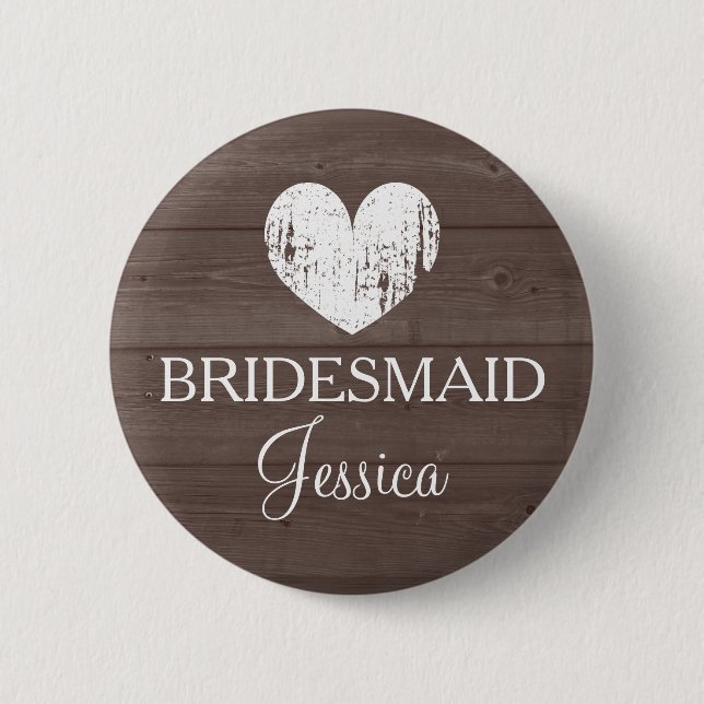 Vintage brown wood grain wedding bridesmaid button (Front)