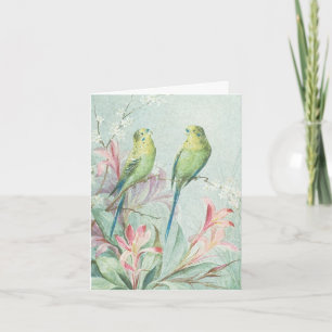 Vintage Budgerigars Bird Branch Flowers Thank You Card