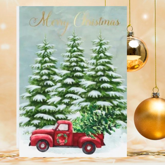 Vintage Budget Red Truck Christmas Trees  Holiday Card (Creator Uploaded)