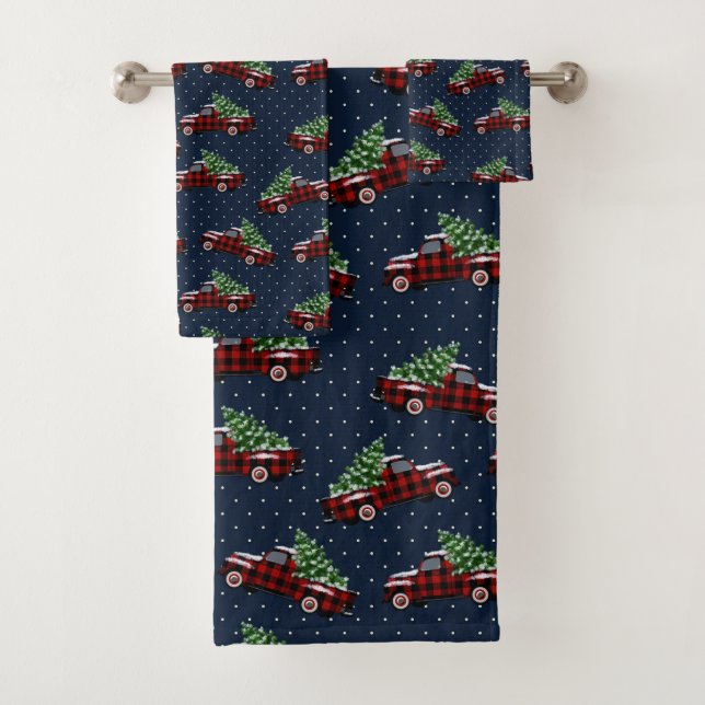 Vintage Buffalo Plaid Truck | Christmas Bath Towel Set (Insitu)