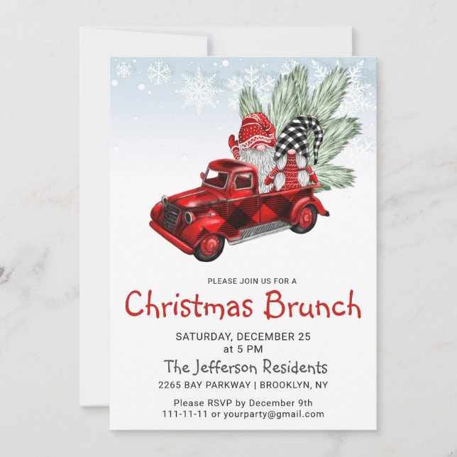 Vintage Buffalo Red Truck Gnomes Christmas Brunch Invitation (Front)