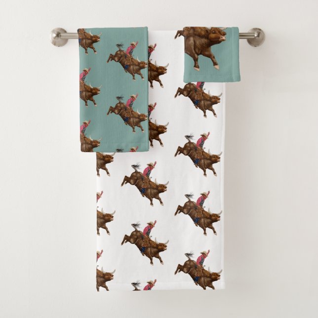 Vintage bull riding cowboy bath towel set (Insitu)