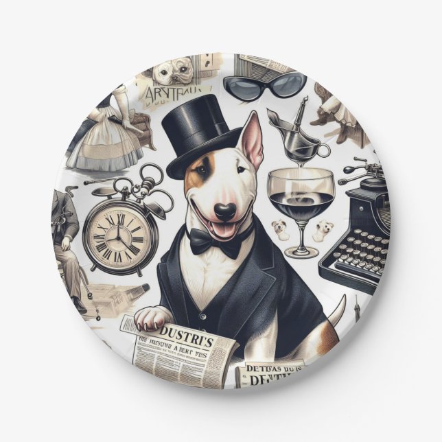Vintage Bull Terrier Pattern Paper Plate (Front)