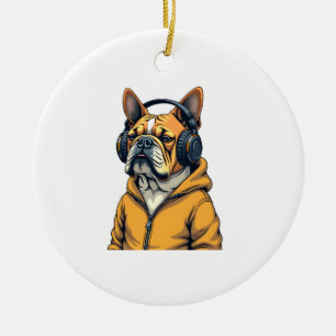 Vintage Bulldog in Headphones Wearing Hoodie Music Ceramic Ornament