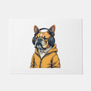 Vintage Bulldog in Headphones Wearing Hoodie Music Doormat