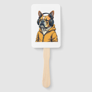 Vintage Bulldog in Headphones Wearing Hoodie Music Hand Fan