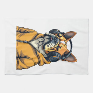 Vintage Bulldog in Headphones Wearing Hoodie Music Kitchen Towel