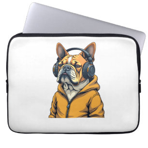 Vintage Bulldog in Headphones Wearing Hoodie Music Laptop Sleeve