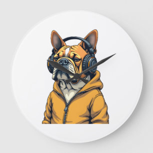 Vintage Bulldog in Headphones Wearing Hoodie Music Large Clock