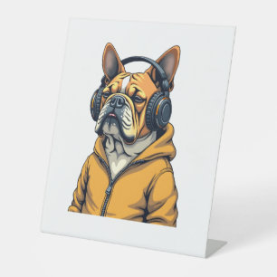 Vintage Bulldog in Headphones Wearing Hoodie Music Pedestal Sign
