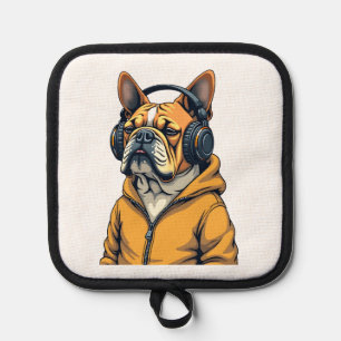 Vintage Bulldog in Headphones Wearing Hoodie Music Pot Holder
