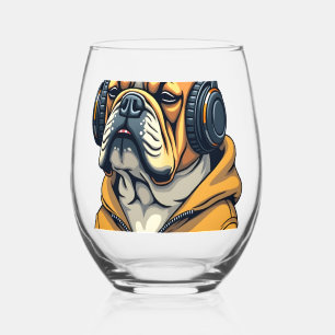 Vintage Bulldog in Headphones Wearing Hoodie Music Stemless Wine Glass