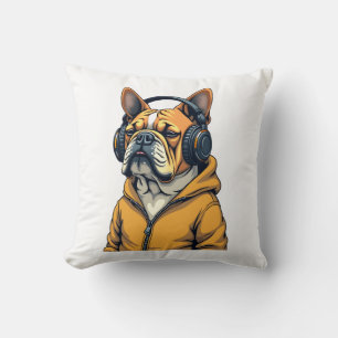 Vintage Bulldog in Headphones Wearing Hoodie Music Throw Pillow