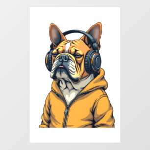 Vintage Bulldog in Headphones Wearing Hoodie Music Window Cling