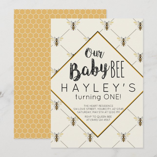 Vintage Bumble Bee Baby Bee 1st Birthday Invitation (Front/Back)