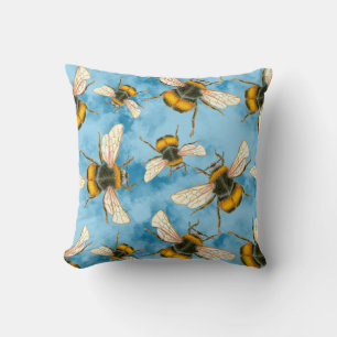 Vintage Bumble Bee Illustration on Blue Clouds Throw Pillow