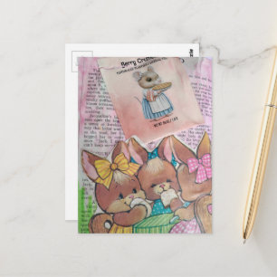 Vintage Bunnies and Mouse Collage Postcard
