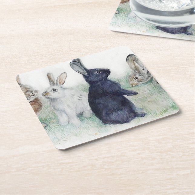 Vintage bunnies, happy easter  square paper coaster (Angled)