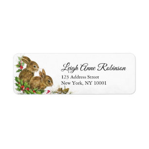 Vintage Bunnies Holly Christmas Retour Adresse