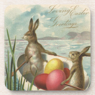 Vintage Bunnies in Boat, Loving Easter Greetings Coaster