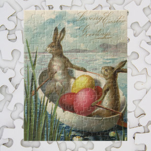 Vintage Bunnies in Boat, Loving Easter Greetings Jigsaw Puzzle
