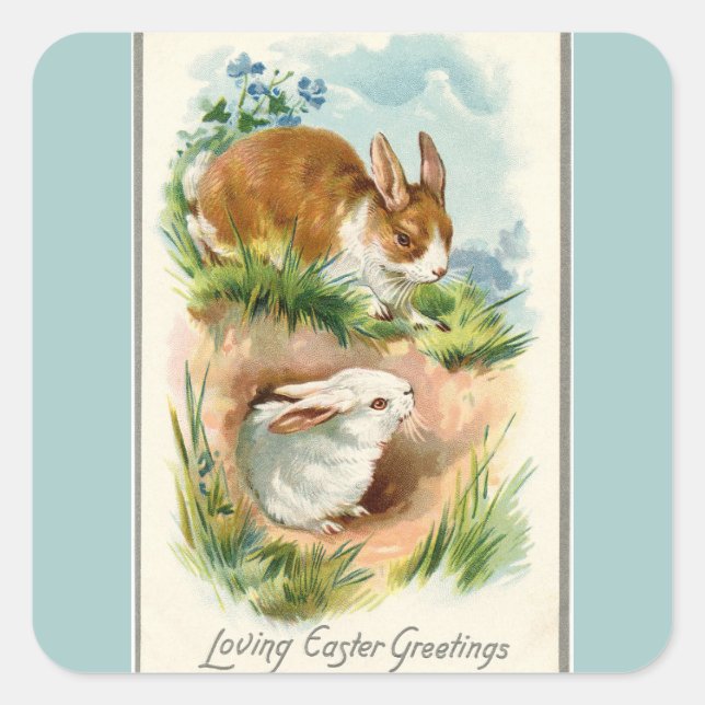 Vintage Bunnies Loving Easter Blue Square Sticker (Front)