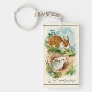 Vintage Bunnies Loving Easter Keychain
