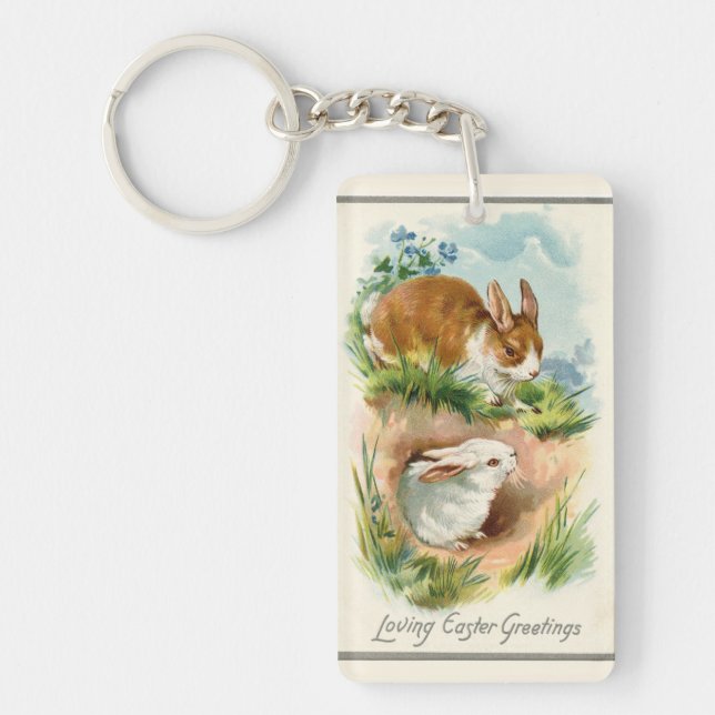 Vintage Bunnies Loving Easter Keychain (Front)