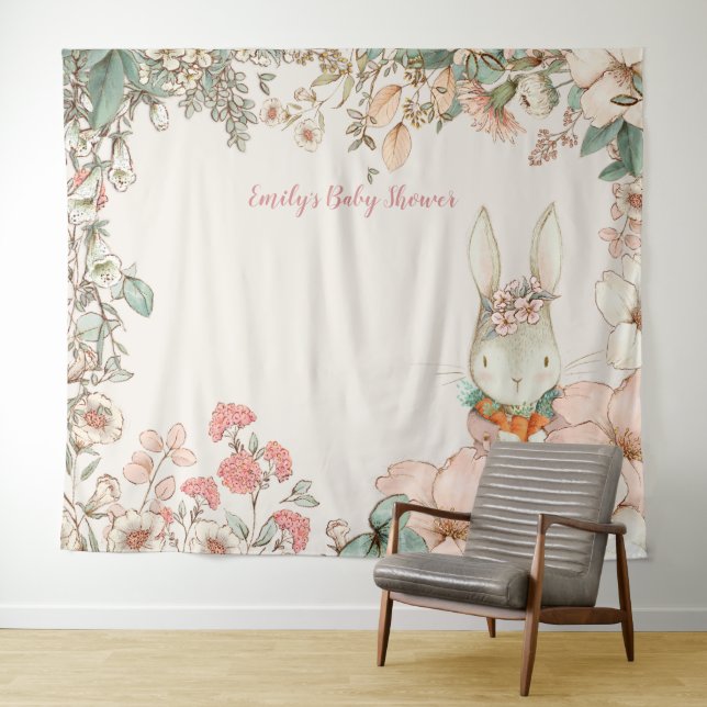 Vintage Bunny Baby Shower Backdrop landscape Cream Tapestry (In Situ (Horizontal))