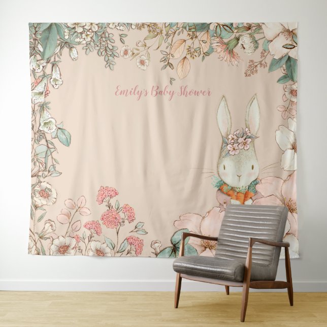 Vintage Bunny Baby Shower Backdrop landscape Peach Tapestry (In Situ (Horizontal))
