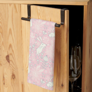 Vintage Bunny Butterfly Flowers Pastel Pink Easter Kitchen Towel