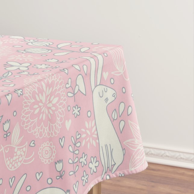 Vintage Bunny Butterfly Flowers Pastel Pink Easter Tablecloth (In Situ)