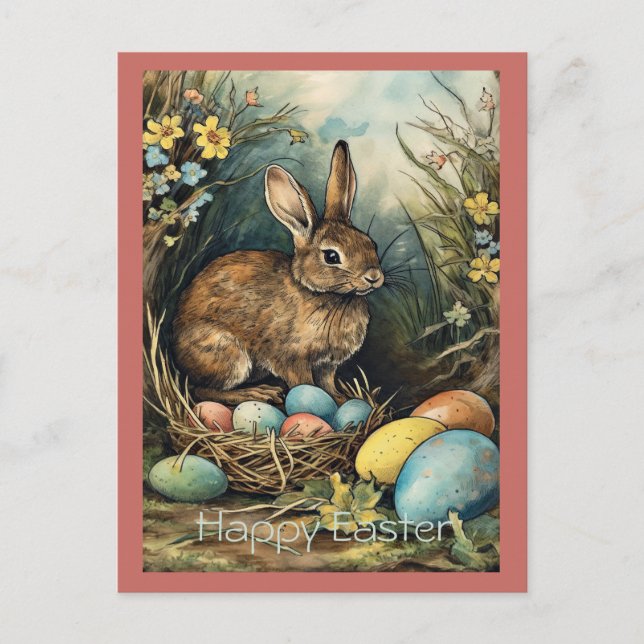 Vintage Bunny Easter Eggs Forest Holiday Postcard (Front)