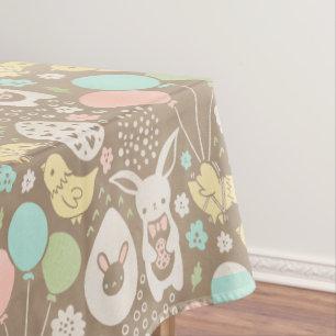 Vintage Bunny Eggs Chicks Pastel Brown Easter Tablecloth