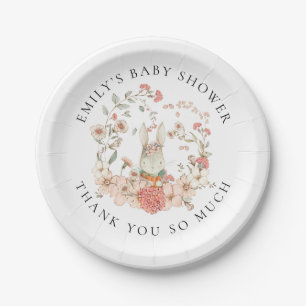 Vintage Bunny Floral Name Thank You Baby Shower Paper Plate