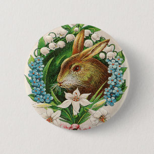 Vintage Bunny Floral Wreath Easter Greetings 2 Inch Round Button
