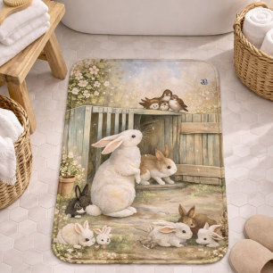 Vintage Bunny Garden Illustration   Cottagecore  Bath Mat
