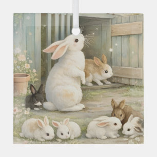 Vintage Bunny Garden Illustration   Cottagecore  Glass Ornament