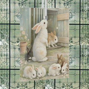 Vintage Bunny Garden Illustration Cottagecore Glass Ornament