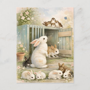 Vintage Bunny Garden Illustration   Cottagecore  Postcard
